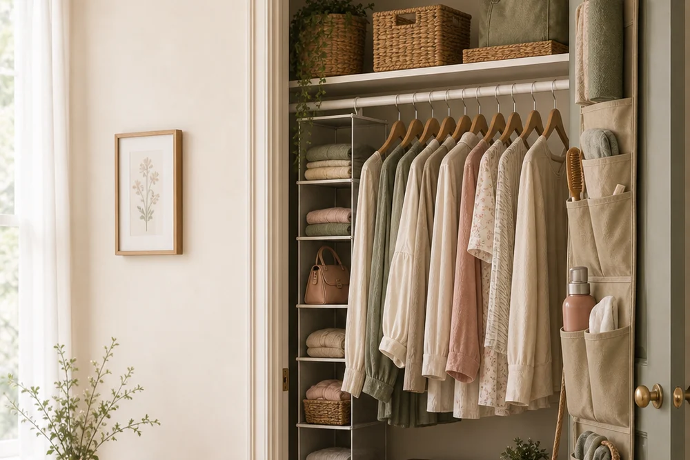 A compact rental closet organized with matching hangers, baskets and door storage.